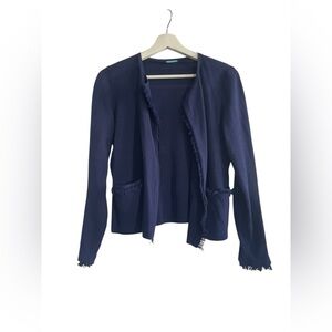 J. McLaughlin Navy Blue Fringe Pockets Open Front Cardigan Size Small
